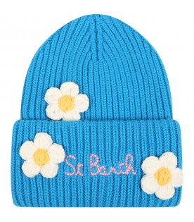 Light-blue hat for girl with daisies and logo