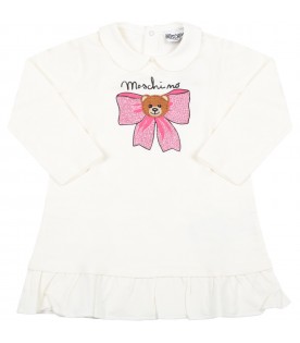 Ivory dress for baby girl with bow and logo