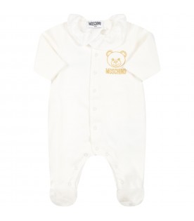 Ivory jumpsuit for baby girl with golden logo