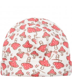 White hat for baby girl with mushrooms