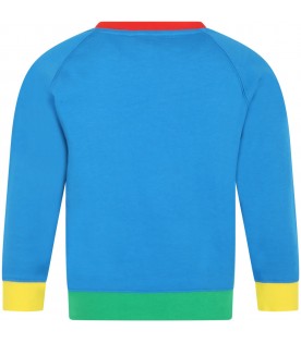 Light-blue sweatshirt with white logo and smiley face