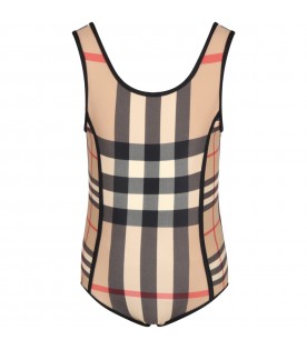 Beige swimsuit for girls with iconic check