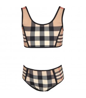 Beige bikini for girls with iconic vintage check