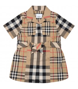 Beige dress for baby girl with iconic vintage check