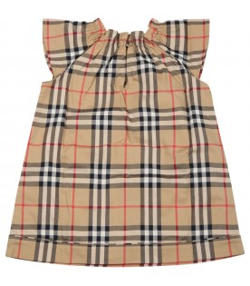 Beige dress for baby girl with vintage check