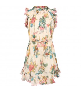 Beige dress for girl with floral print