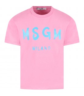 Pink T-shirt for kids with light blue logo