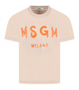 Beige T-shirt for kids with orange logo