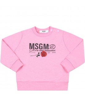 Pink sweatshirt for baby girl with black logo and res rose