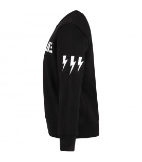 Black sweatshirt for boy with white lightning bolts and logo