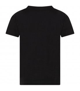 Black T-shirt for boy with white logo and iconic buttons