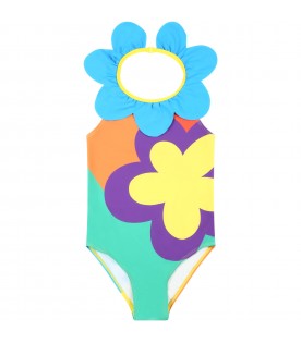 Multicolor swimsuit for girl with flower