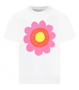White T-shirt for girl with flower and logo