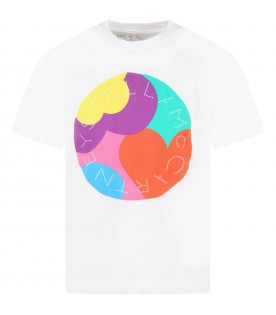 White T-shirt for girl with colorful print and logo