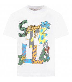 White T-shirt for kids with colorful logo and animals