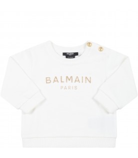 White sweatshirt for baby girl with golden logo