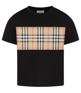 Black T-shirt for kids with vintage check