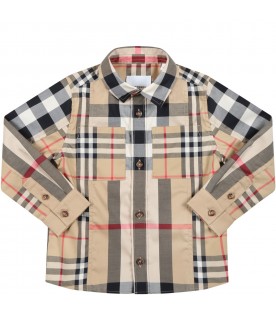 Beige shirt for baby boy with vintage check