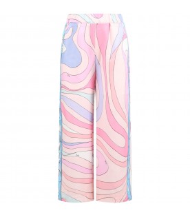 Multicolor trousers for girl with iconic print and logo