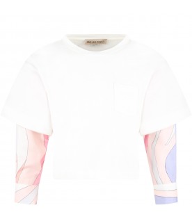 White T-shirt for girl with colorful print and logo
