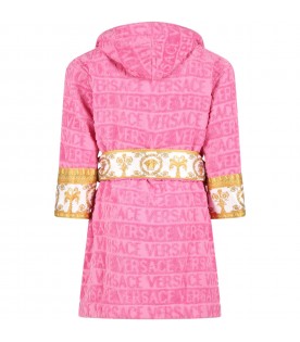 Pink bathrobe for girl with logo and baroque pattern