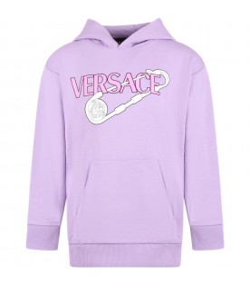 Purple sweatshirt for girl with fuchsia logo and Safety Pin