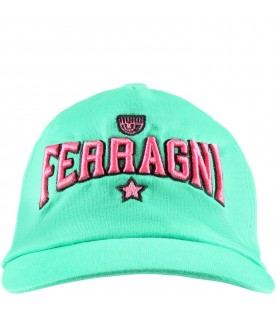 Green hat for girl with fuchsia logo