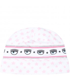 White hat for baby girl with pink stars and eye