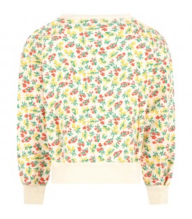 Ivory sweatshirt for girl with flowers and logo