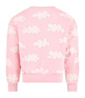 Pink sweatshirt for girl with white clouds and yellow logo