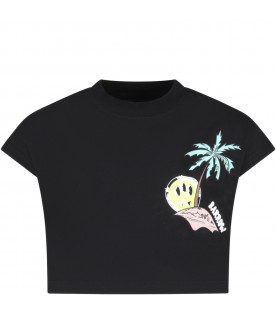 T-shirt nera corta per bambina con smile e fiori