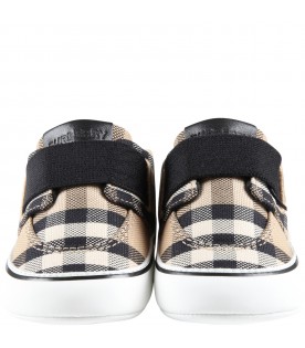 Beige sneakers for baby boy with vintage check