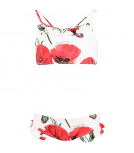 White bikini for girl with flowers and logo