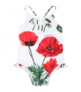 White swimsuit for baby girl with  poppies and logo