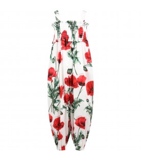 White jumpsuit for girl with poppies