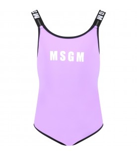 Purple swimsuit for girl with white logo