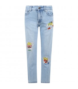 Light-blue jeans for boy with animated food shaped patch