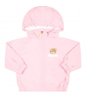 Pink windbreaker for baby girl with Teddy Bear