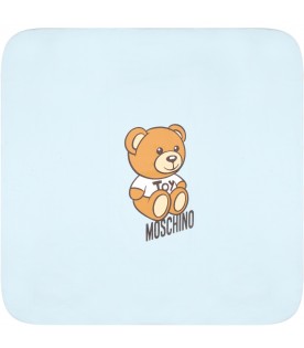 Light blue blanket for baby boy with Teddy Bear and logo