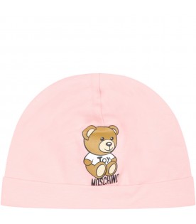 Pink hat for baby girl with Teddy bear and logo