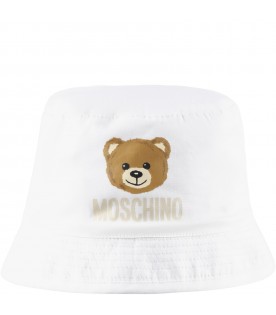 White cloche for babykids with Teddy Bear and logo