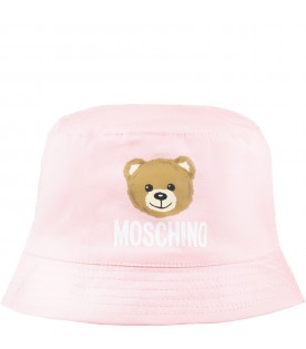 Pink cloche for baby girl with Teddy Bear and logo