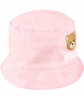 Pink cloche for baby girl with Teddy Bear and logo