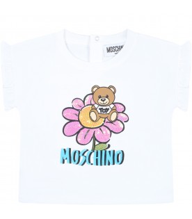 White T-shirt for baby girl with Teddy Bear and flowers