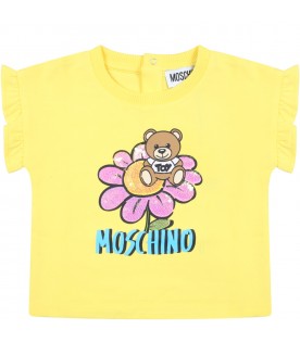 Yellow T-shirt for baby girl with Teddy Bear and flowers