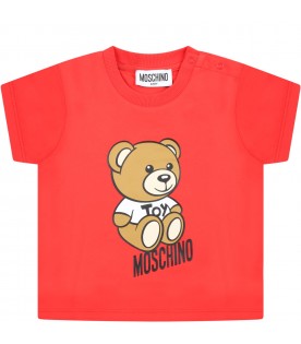Red T-shirt for baby boy with Teddy Bear and black logo