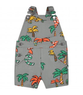 Green dungarees for baby boy with palms and chameleons