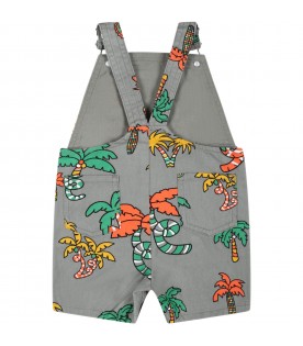 Green dungarees for baby boy with palms and chameleons