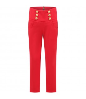 Red trousers for girl with golden buttons