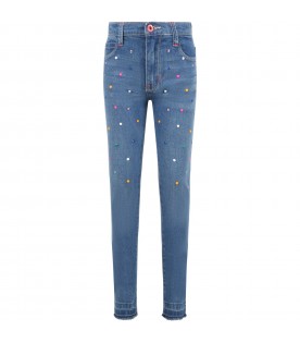 Light-blue jeans for girl with rhinestones and logo